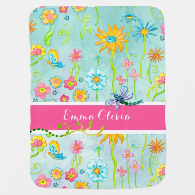 Whimsical Watercolor Flowers Dragonfly Butterfly Baby Blanket (Front)
