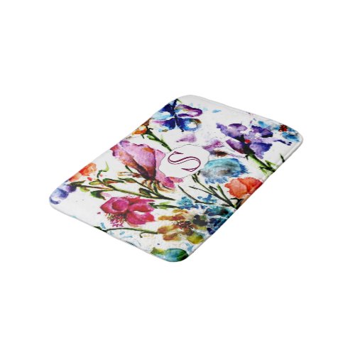 Whimsical Watercolor Flowers with Monogram Bathroom Mat