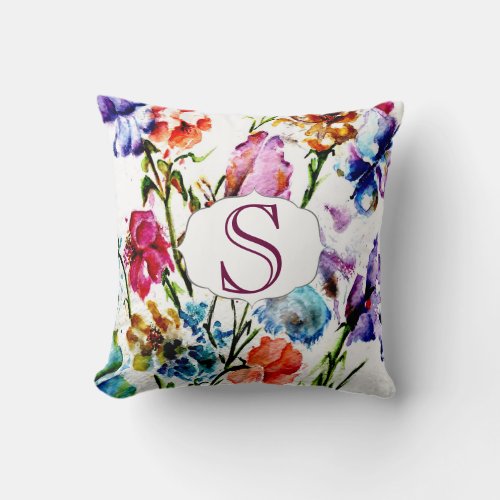 Whimsical Watercolor Flowers with Monogram Throw Pillow