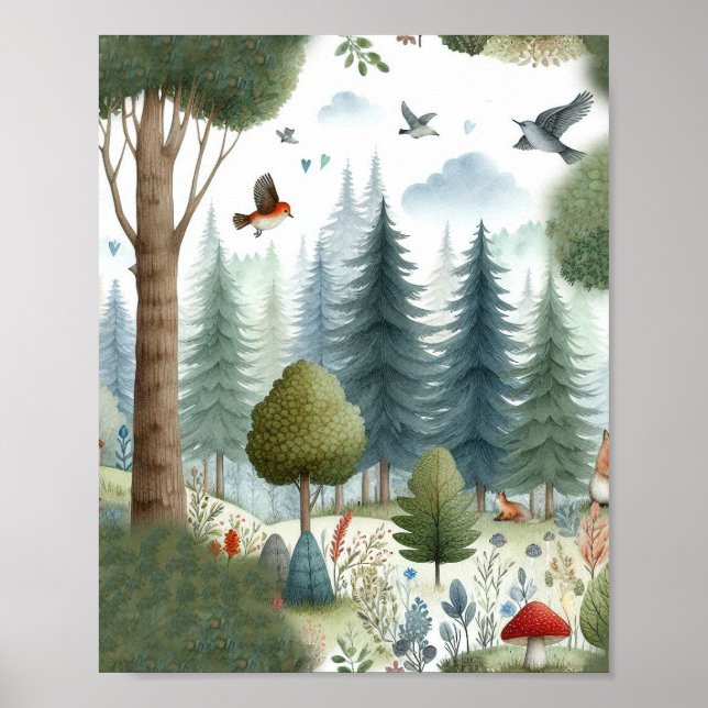 Whimsical Watercolor Forest Animal Kids Nursery Poster (Front)