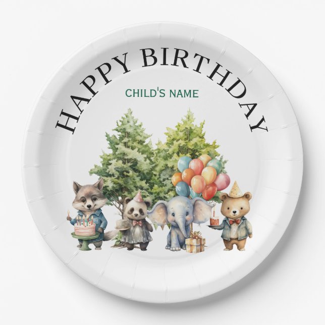 Whimsical Watercolor Forest Birthday Paper Plates (Front)
