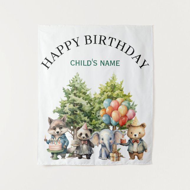 Whimsical Watercolor Forest Birthday Tapestry (Front)