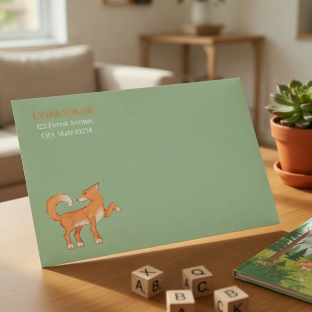 Whimsical Watercolor Fox Forest Green Custom Envelope (Creator Uploaded)