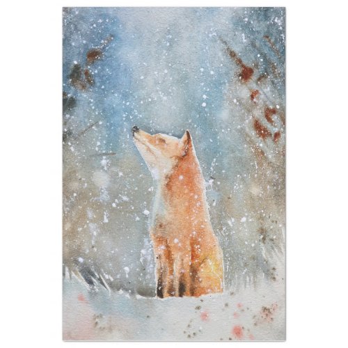 Whimsical Watercolor Fox in Snow Forest Christmas Tissue Paper