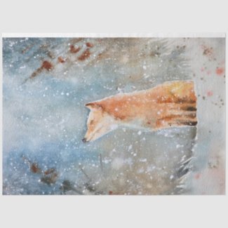 Whimsical Watercolor Fox in Snow Forest Christmas