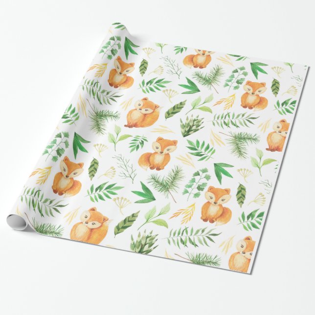 Whimsical Watercolor Foxes and Green Leaves | Wrapping Paper (Unrolled)