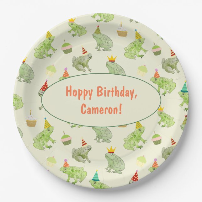 Whimsical Watercolor Frog Birthday Party Paper Plates (Front)
