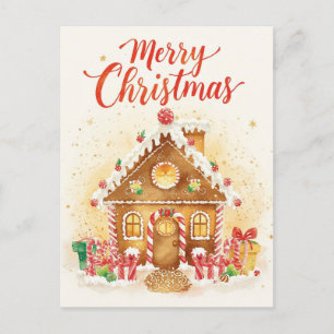 Whimsical Watercolor Gingerbread House Holiday Postcard