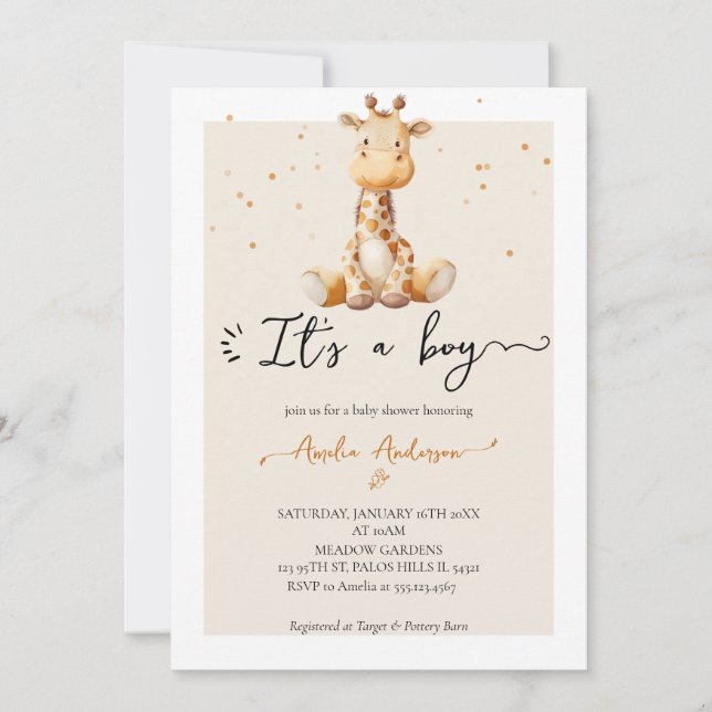 Whimsical Watercolor Giraffe Plush Baby Shower Invitation (Front)