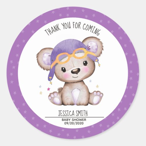 Whimsical Watercolor Girl Pilot Teddy Bear Classic Round Sticker