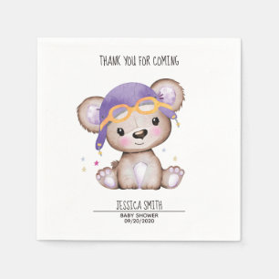 Whimsical Watercolor Girl Pilot Teddy Bear Napkins