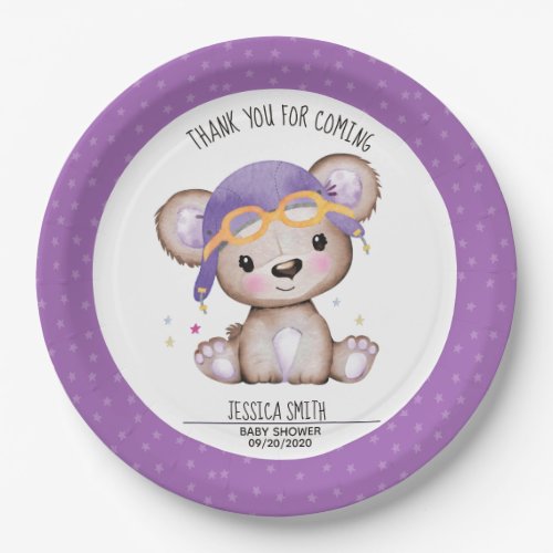 Whimsical Watercolor Girl Pilot Teddy Bear Paper Plates