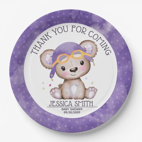 Whimsical Watercolor Girl Pilot Teddy Bear Paper Plates