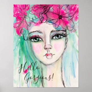 Whimsical Watercolor Girl Pink Flower Crown Cute Poster