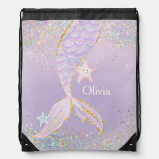 Whimsical Watercolor Glitter Mermaid Tail Drawstring Bag