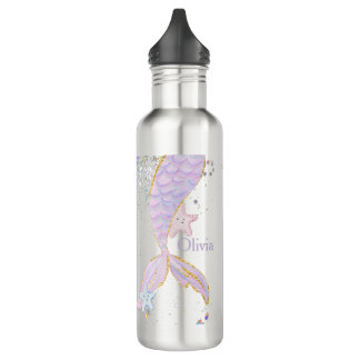 Whimsical Watercolor Glitter Mermaid Tail Stainless Steel Water Bottle