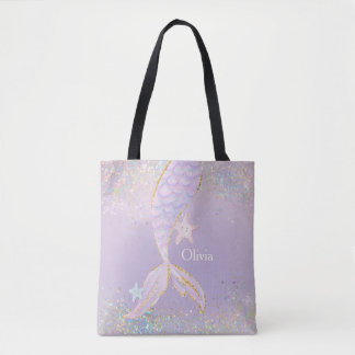 Whimsical Watercolor Glitter Mermaid Tail Tote Bag