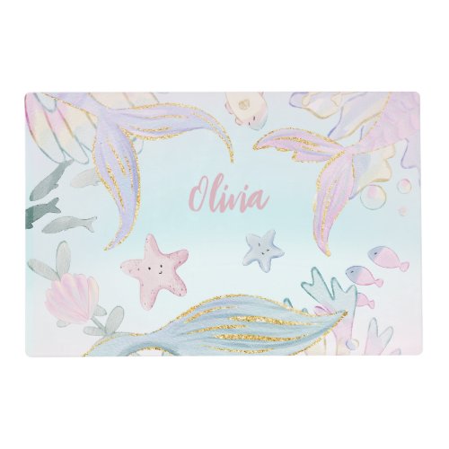 Whimsical Watercolor Glitter Mermaids Name Placemat
