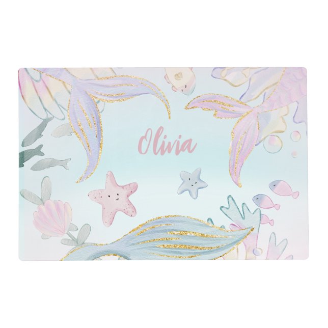Whimsical Watercolor Glitter Mermaids Name Placemat (Front)