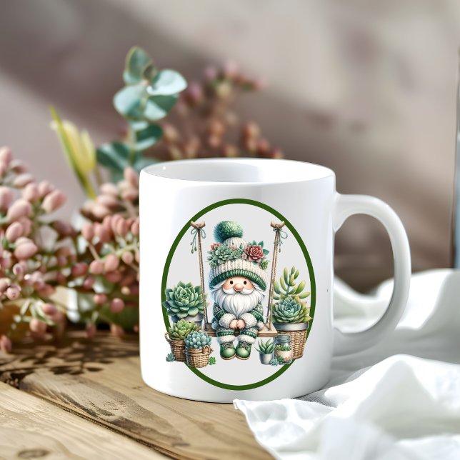 Whimsical Watercolor Gnome Succulent  Coffee Mug (Succulent gnome mug )