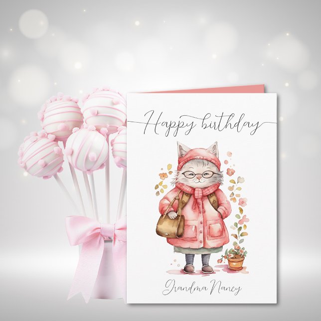 Whimsical Watercolor Grandma Cat Happy Birthday Card (Whimsical Watercolor Grandma Cat Happy Birthday Card)