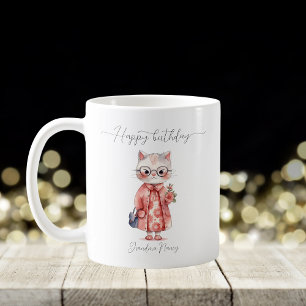 Whimsical Watercolor Granny Cat Happy Birthday Coffee Mug