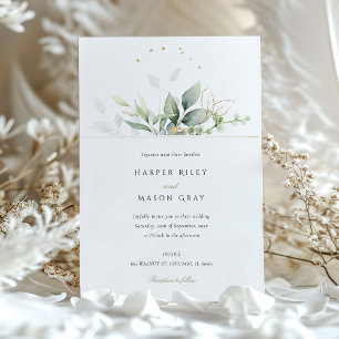 Whimsical Watercolor Green & Gold Foliage Wedding Invitation