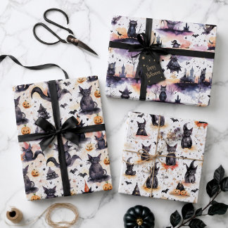 Whimsical Watercolor Halloween Cats Cute Witch Wrapping Paper Sheets