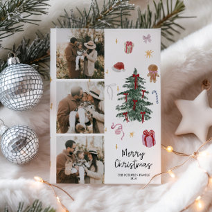 Whimsical Watercolor Hand Drawn Family Photo Holiday Card