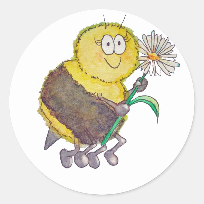 Whimsical Watercolor Happy Bee Flower Fun Round Sticker