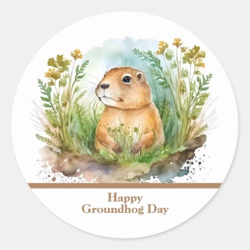 Whimsical Watercolor Happy Groundhog Day  Classic Round Sticker