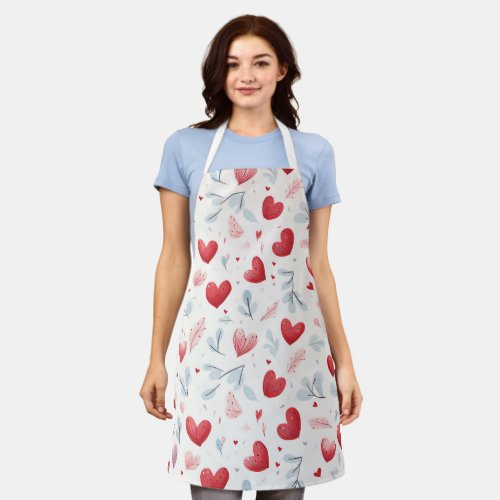 Whimsical Watercolor Hearts and Leaves Pattern Apron