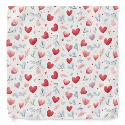 Whimsical Watercolor Hearts and Leaves Pattern Bandana