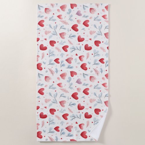 Whimsical Watercolor Hearts and Leaves Pattern Beach Towel