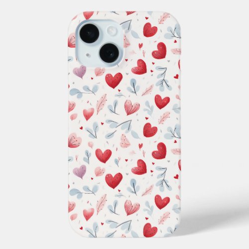 Whimsical Watercolor Hearts and Leaves Pattern iPhone 15 Case