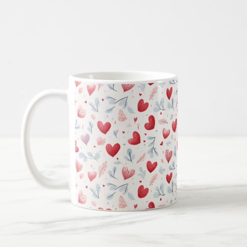 Whimsical Watercolor Hearts and Leaves Pattern Coffee Mug