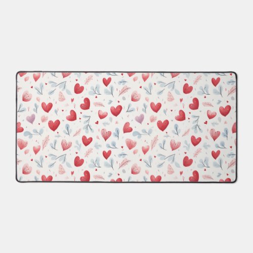 Whimsical Watercolor Hearts and Leaves Pattern Desk Mat