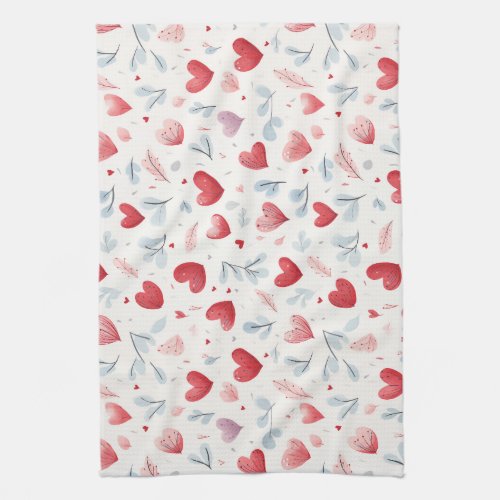 Whimsical Watercolor Hearts and Leaves Pattern Kitchen Towel