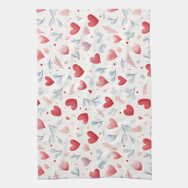 Whimsical Watercolor Hearts and Leaves Pattern Kitchen Towel (Vertical)
