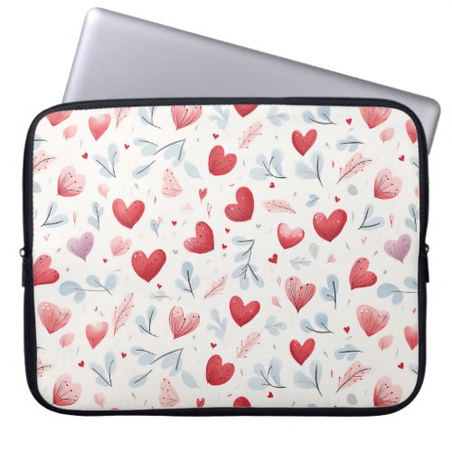 Whimsical Watercolor Hearts and Leaves Pattern Laptop Sleeve