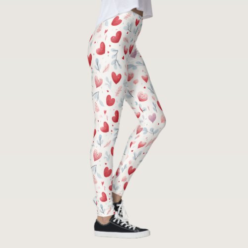 Whimsical Watercolor Hearts and Leaves Pattern Leggings