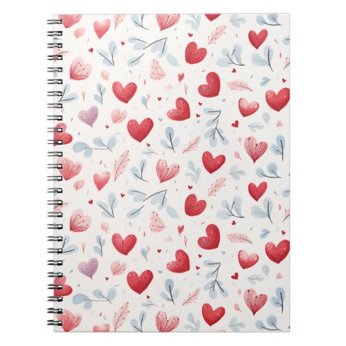 Whimsical Watercolor Hearts and Leaves Pattern Notebook