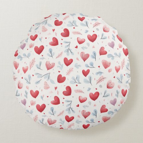 Whimsical Watercolor Hearts and Leaves Pattern Round Pillow