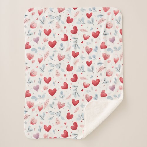 Whimsical Watercolor Hearts and Leaves Pattern Sherpa Blanket