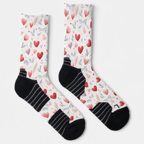 Whimsical Watercolor Hearts and Leaves Pattern Socks