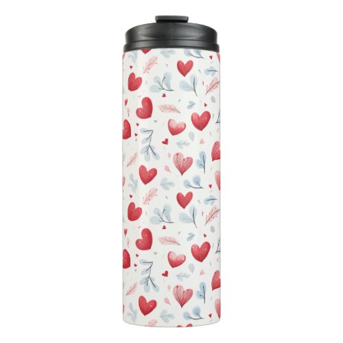 Whimsical Watercolor Hearts and Leaves Pattern Thermal Tumbler