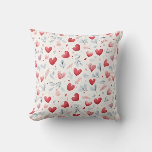 Whimsical Watercolor Hearts and Leaves Pattern Throw Pillow