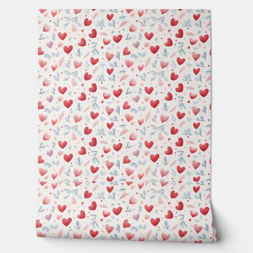 Whimsical Watercolor Hearts and Leaves Pattern Wallpaper