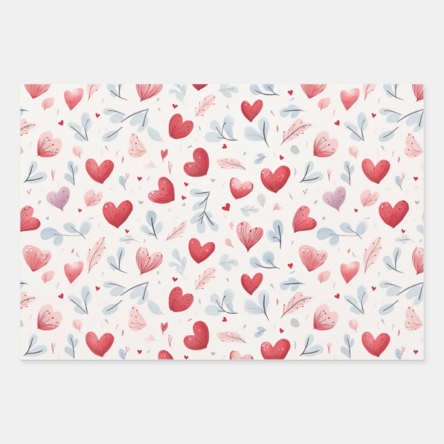 Whimsical Watercolor Hearts and Leaves Pattern Wrapping Paper Sheets (Front)