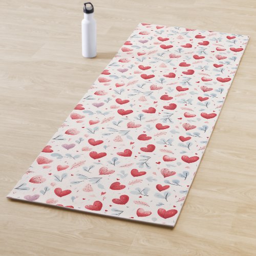 Whimsical Watercolor Hearts and Leaves Pattern Yoga Mat